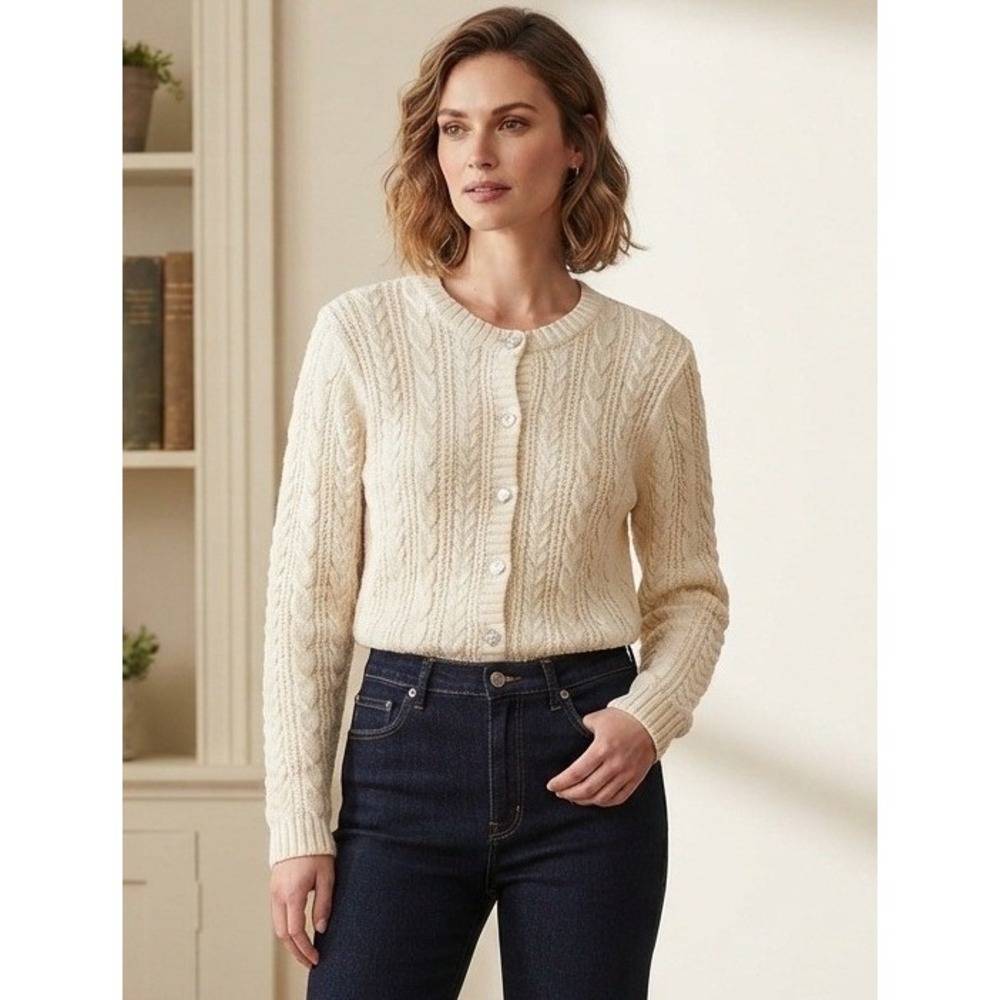 Orvis Cable Knit Sweater Cardigan Women's M Cream Travel Winter 100% Cotton USA
